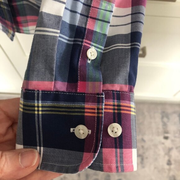 Chaps Petite No-Iron Plaid Button Down Lg Slv Cotton Shirt Blue Pink Wht Sz MP - Picture 4 of 12